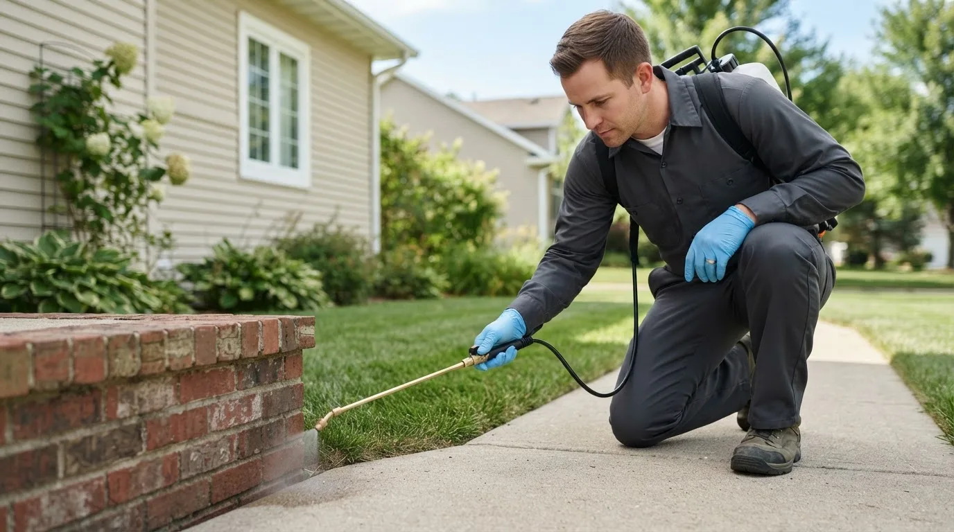 Pest control technician treating a home near Peerless, MT